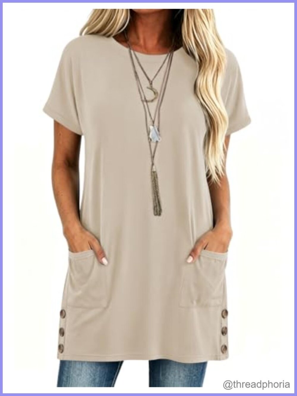 Womens Tunic Top Short Sleeve Side Buttons Pockets Casual Long Shirt
